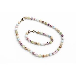 Vintage Beaded Pastel Stone Knotted Glass Necklace Bracelet Set Art Deco